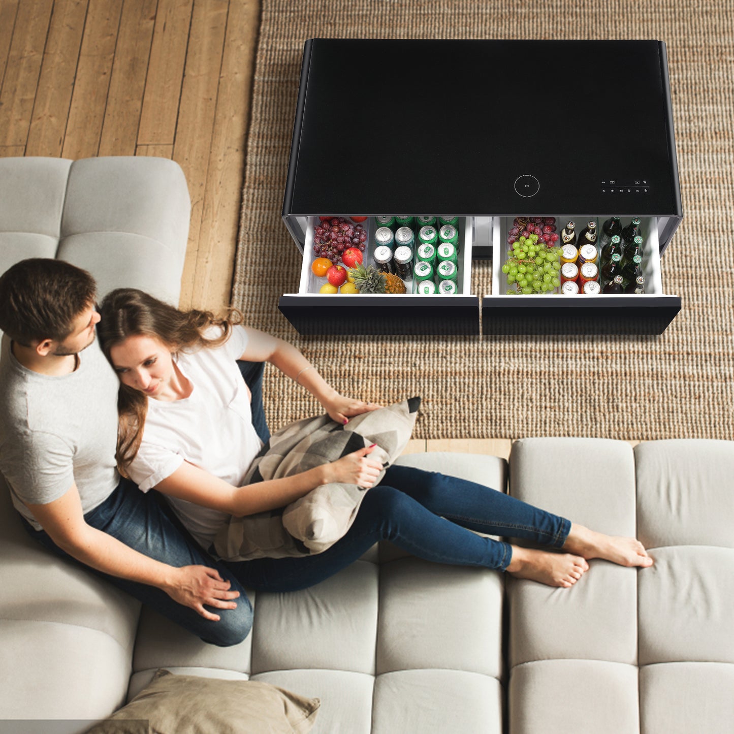 Modern Smart Coffee Table with Built-in Fridge; Bluetooth Speaker; Wireless Charging Module; Touch Control Panel; Power Socket; USB Interface; Outlet Protection; Atmosphere light; and More