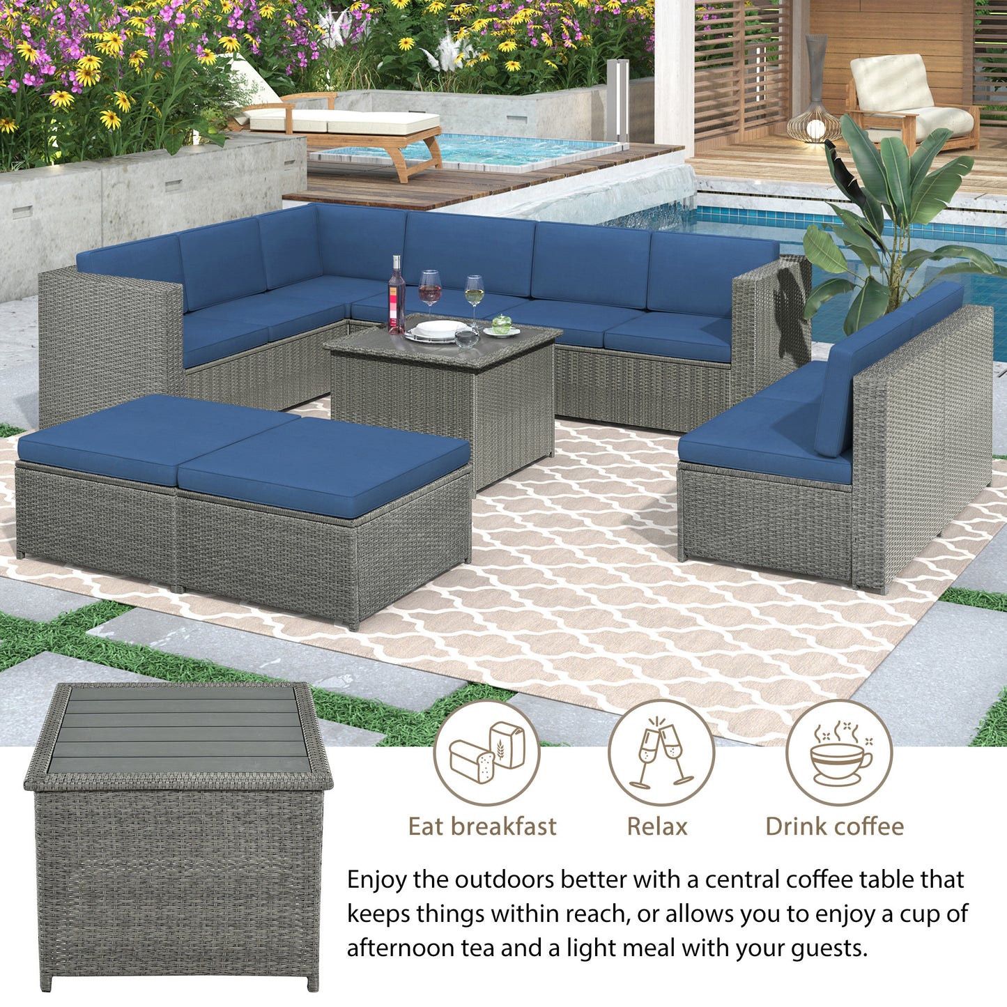 9 Piece Rattan Outdoor Patio Sectional Seating Group with Cushions and Ottoman