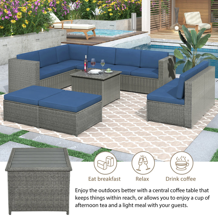 9 Piece Rattan Outdoor Patio Sectional Seating Group with Cushions and Ottoman