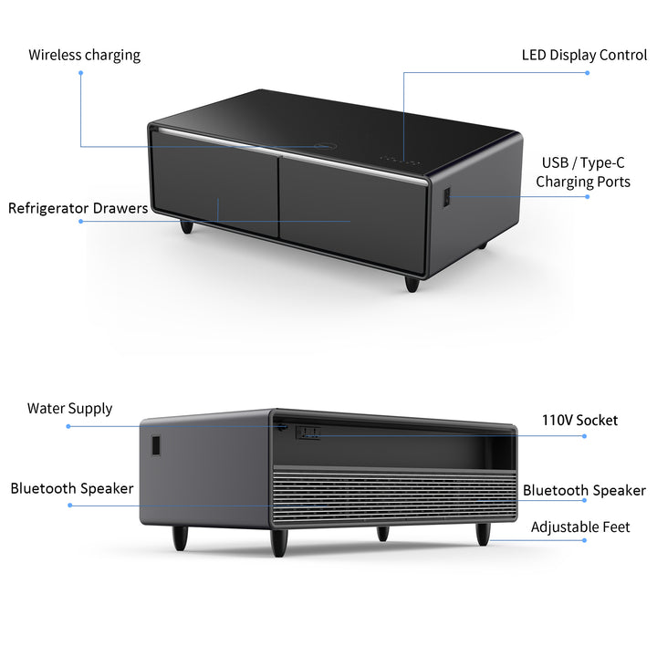 Modern Smart Coffee Table with Built-in Fridge; Bluetooth Speaker; Wireless Charging Module; Touch Control Panel; Power Socket; USB Interface; Outlet Protection; Atmosphere light; and More