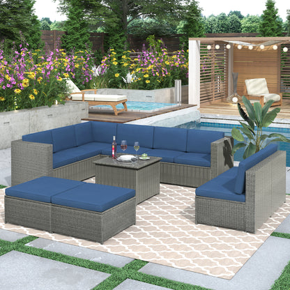 9 Piece Rattan Outdoor Patio Sectional Seating Group with Cushions and Ottoman