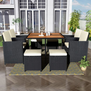 Patio All-Weather PE Wicker Dining Table Set with Wood Tabletop