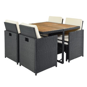 Patio All-Weather PE Wicker Dining Table Set with Wood Tabletop