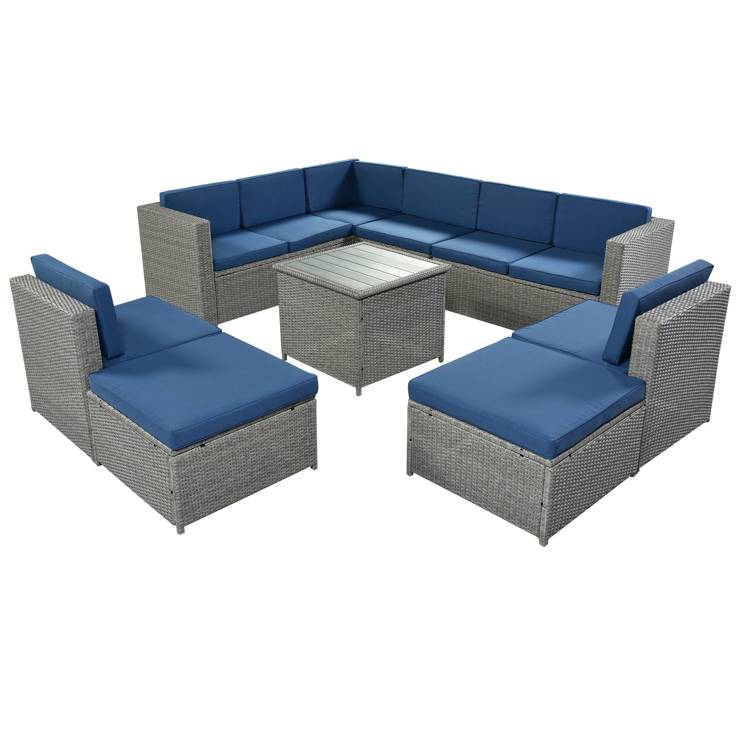 9 Piece Rattan Outdoor Patio Sectional Seating Group with Cushions and Ottoman