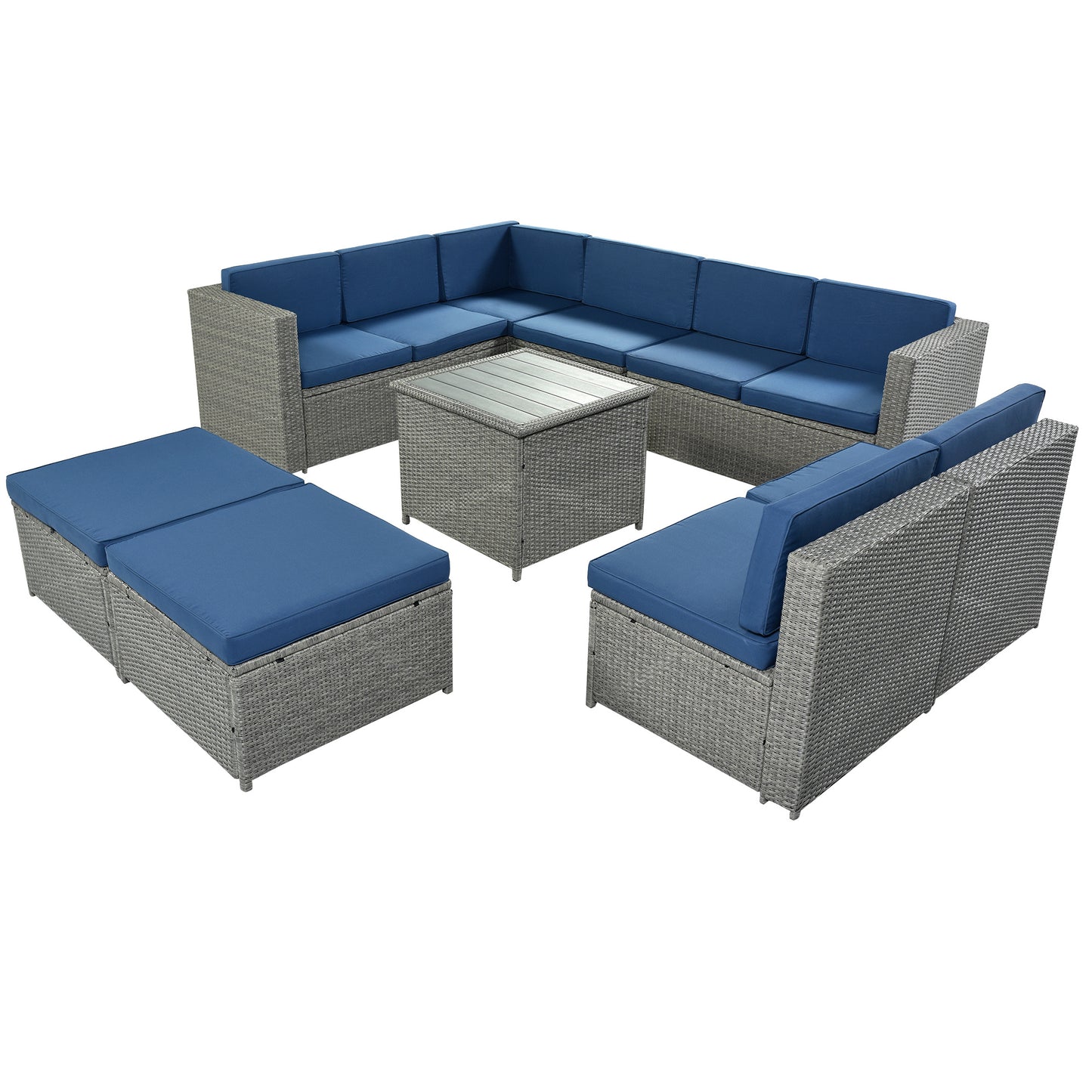 9 Piece Rattan Outdoor Patio Sectional Seating Group with Cushions and Ottoman