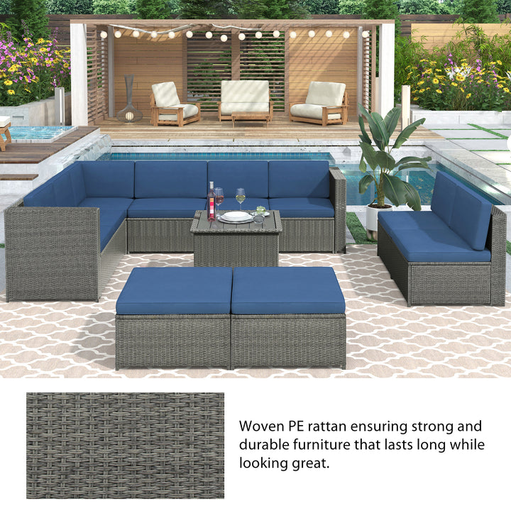 9 Piece Rattan Outdoor Patio Sectional Seating Group with Cushions and Ottoman